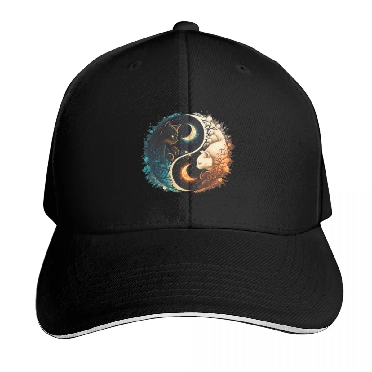 Cat Yin Yang Baseball Cap Cotton Twill Breathable Contrast Two Tone Brim Snapback Flat Bill