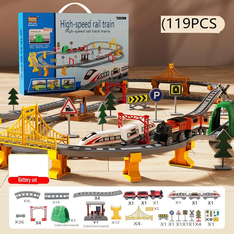 Elektryczny samochodzik dla dzieci, zestaw do składania kolejki, edukacyjny model symulacyjny dla chłopców, prezent na Boże Narodzenie i urodziny, zabawki z torami kolejowymi.