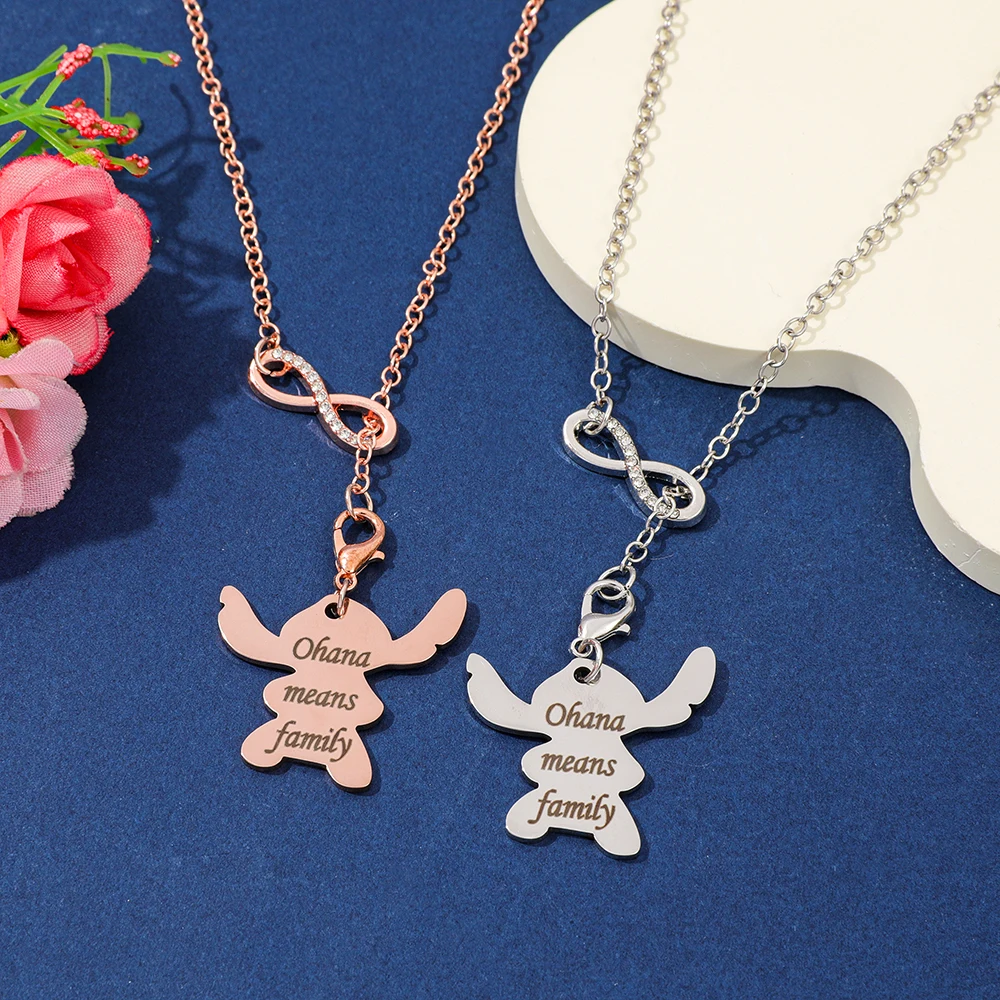 الفولاذ المقاوم للصدأ "Ohana يعني الأسرة" قلادة إنفينيتي قلادة الكرتون غرزة مجوهرات هدية للنساء عشاق هدية الصداقة
