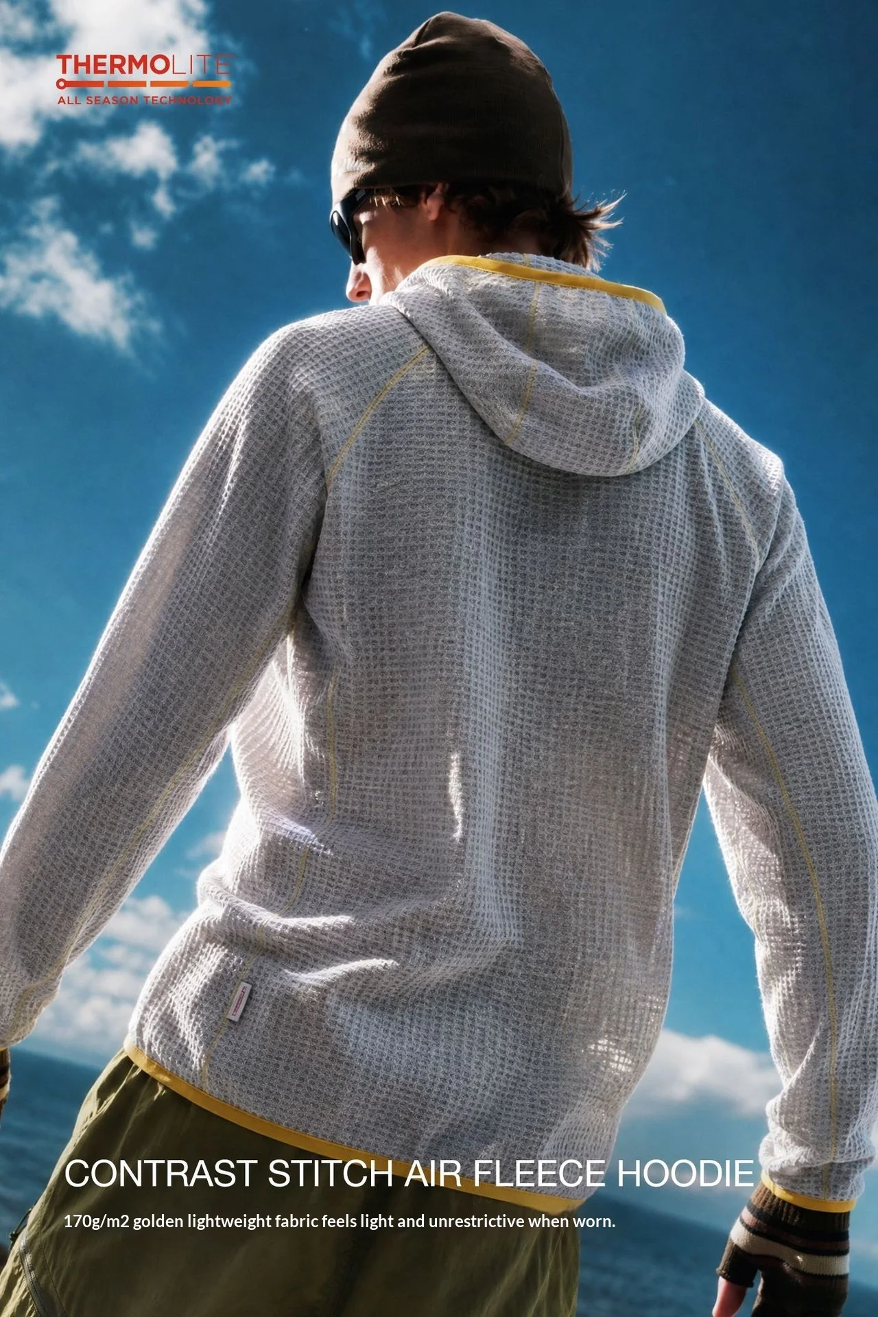 THERMOLITE ® Leichter Air-Fleece-Hoodie für Herren, Kontrastnähte, Thermo-Pullover, schnelltrocknend, Outdoor-Sport-Technik-Oberteil – Detail 3