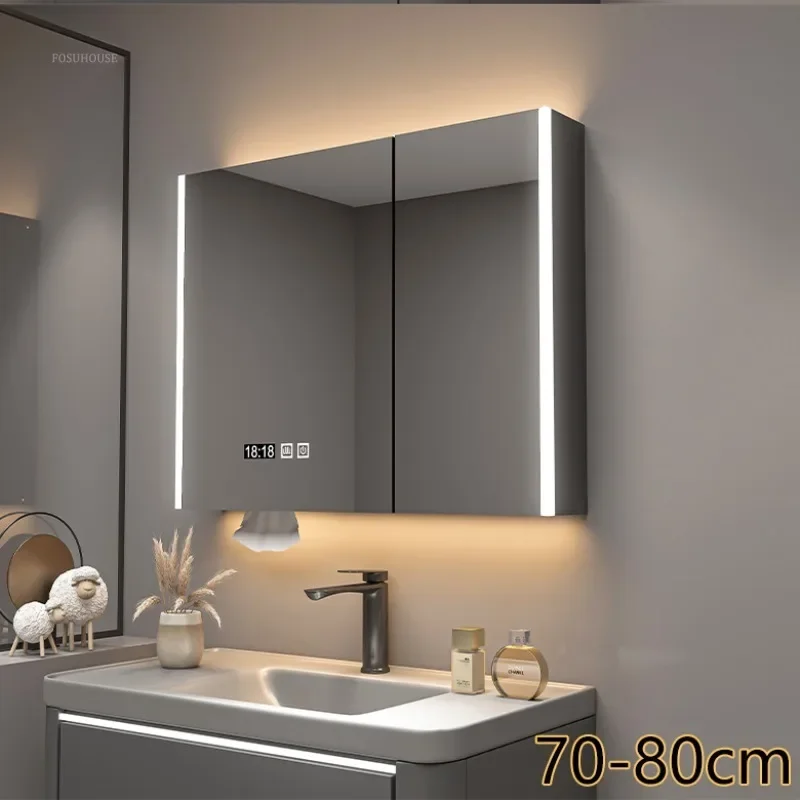 Modern Solid Wood Bathroom Smart Mirror Cabinet with Light Defogging Bathroom Furniture Beauty Mirror with Storage Locker