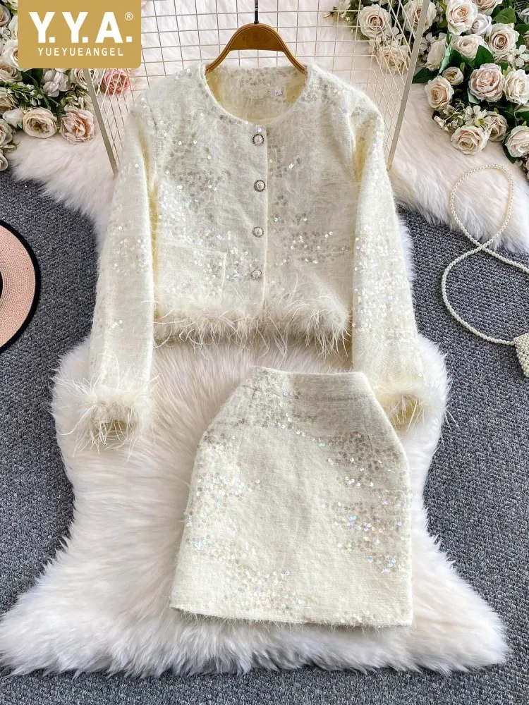 Autumn Women O-Neck Sequins Short Jacket Matching Set Single Breasted Feather Spliced Outerwear Sets Slim Fit Mini Skirt Outfits