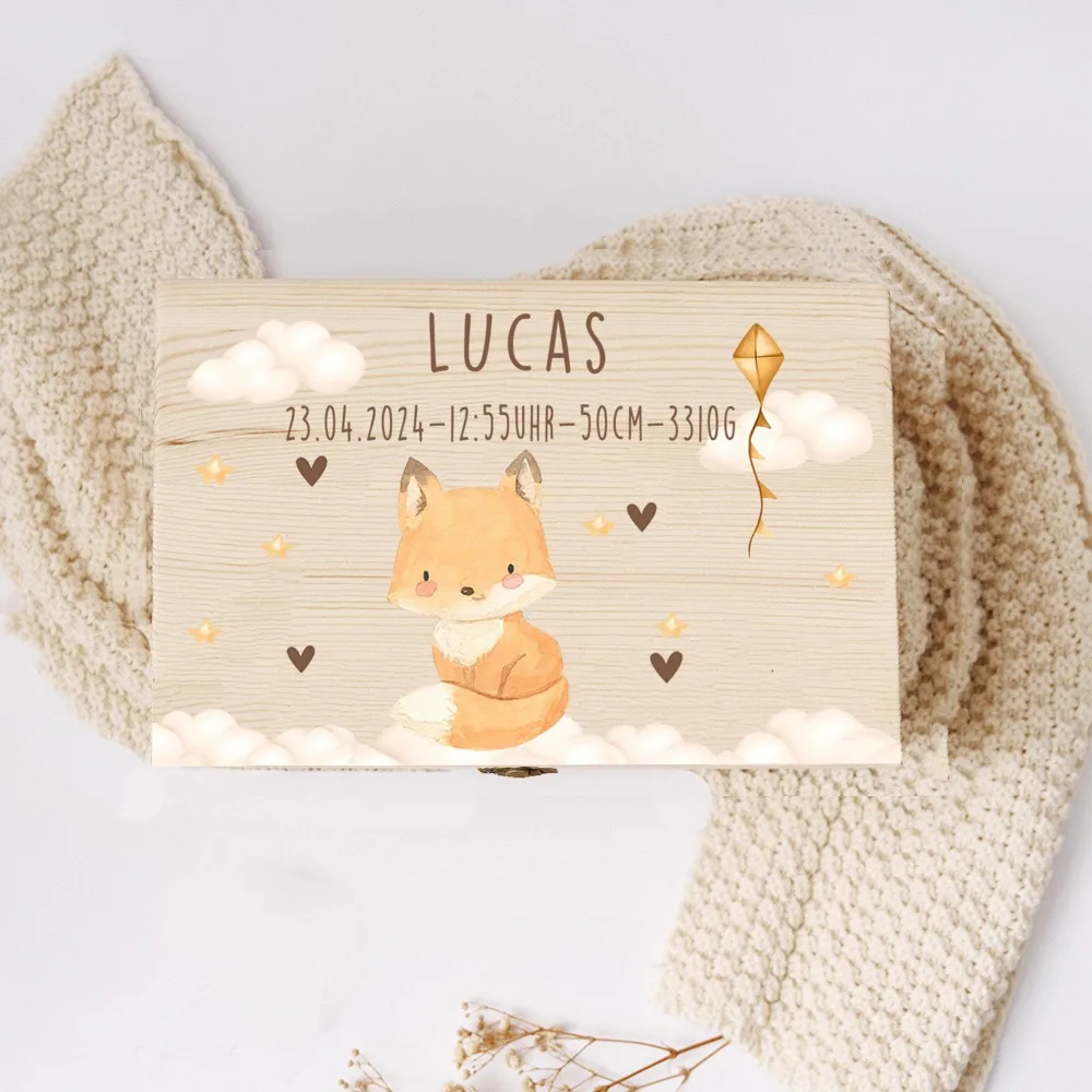 Boîte à mémoire de bébé avec nom personnalisé, boîtes à mémoire d'animaux arc-en-ciel imprimés en bois, étui à souvenirs pour enfants, cadeau d'anniversaire pour fête d'anniversaire pour enfant