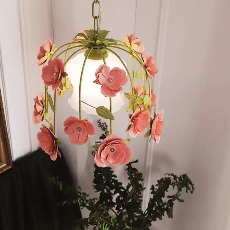 French Pastoral Style Pendant Lamps Bedroom Restaurant Warm And Romantic Ceramic Flower Decorative Lighting For Girls' Bedroom