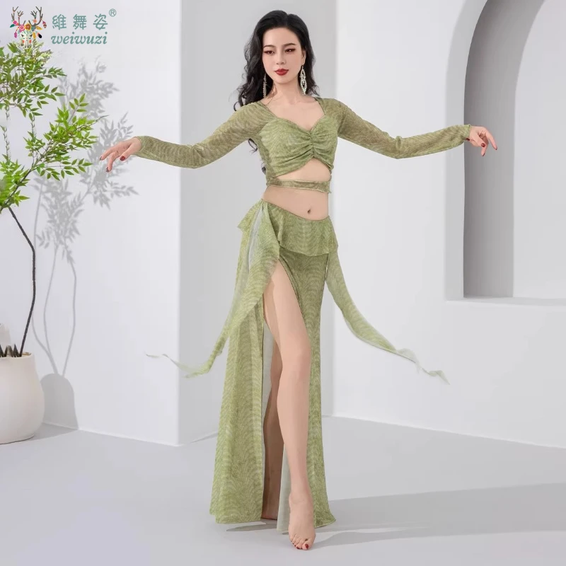 エレガントなベリーダンストレーニング衣装セクシーな長袖トップ-ロングスカート2ピースメッシュオリエンタルダンス練習グループパフォーマンス服