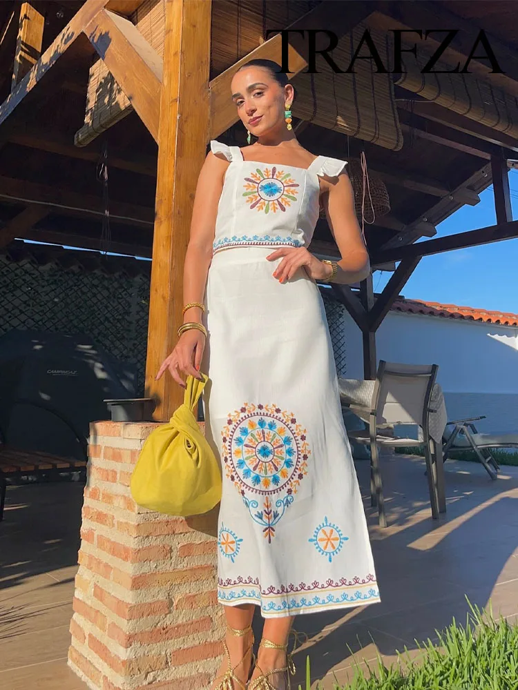 TRAFZA Women Fashion Suits White Print Square Collar Sleeveless Tops+High Waist Slit Zipper Long Skirts Female Summer Skirt Set