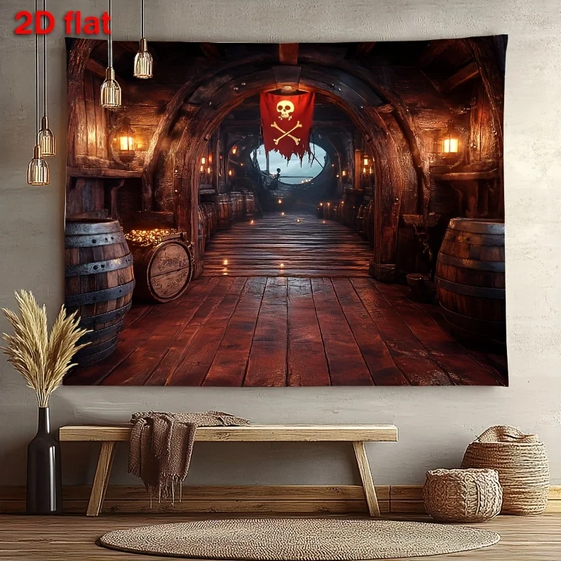 pirate ship tapestry wooden interior with skull flag treasure barrels dark adventure theme wall hanging for game room man cave