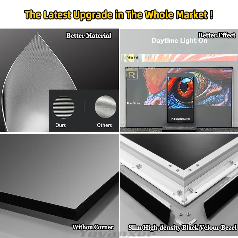 Najnowszy ekran projekcyjny PET Crystal 130 cali do projektorów o bardzo krótkim projekcyjnym skoku, odporny na światło otoczenia, stała rama, ekran do projekcji 4K
