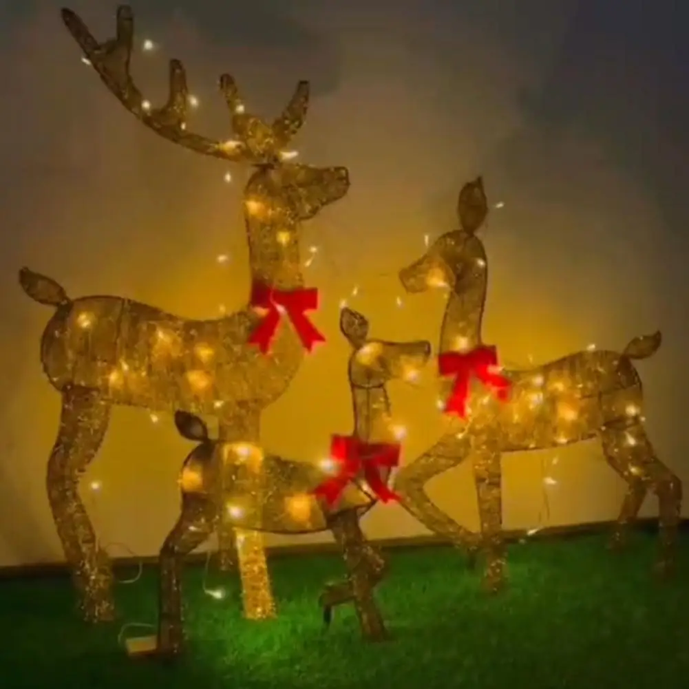 Light-up Deer Decoration Christmas Deer Family Ornament with Bow Metal Standing Reindeer Decoration for Indoor Outdoor Use 3d