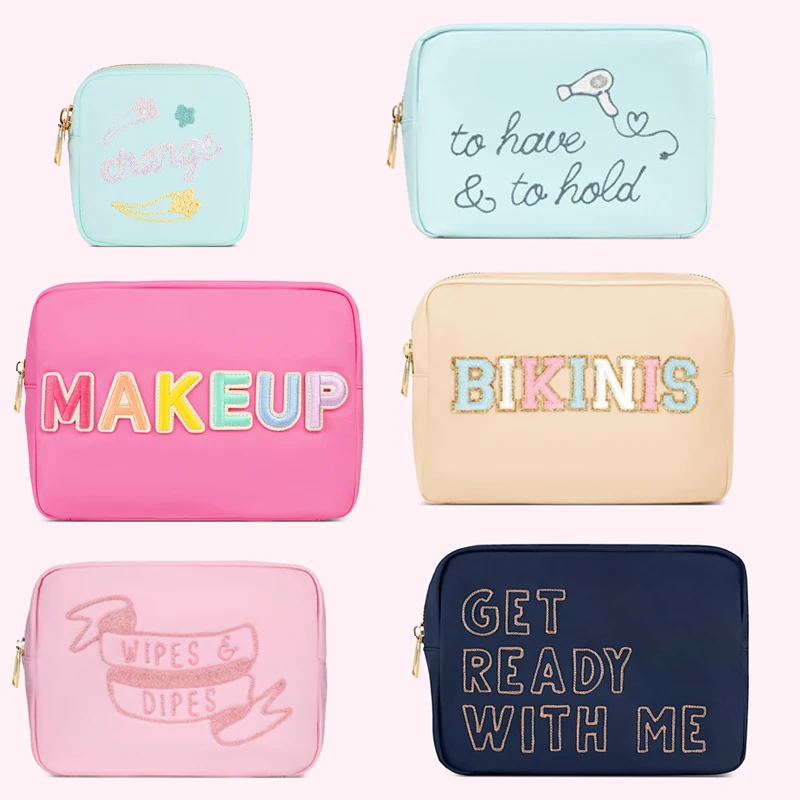 Waterproof Nylon  Cosmetic Bag Solid Color Script Embroidery Custom Makeup Bag Travel Beauty Organizer Birthday Party Gift