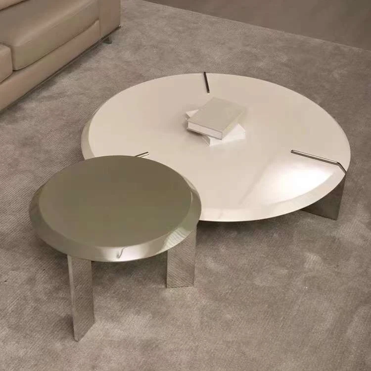 JS T132 High End Wood Coffee Tables White Paint Round Modular Center Table Three Stainless Steel Legs Green Wooden Top End Table