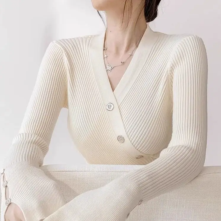 High End Pure Desire to Pair with V-neck Cross Knit Sweater Top New Fashionable Base Sweater for Women