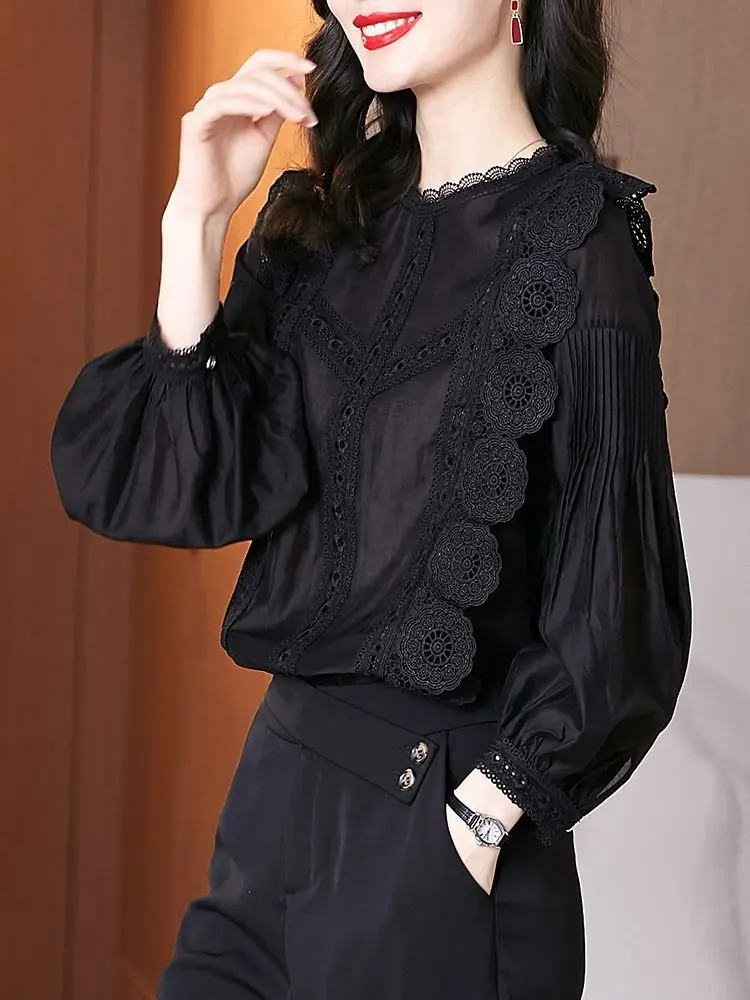 

Весенне-осенняя новая черная блузка с кружевными рукавами-фонариками и объемными цветочными аппликациями из шифона для женщин