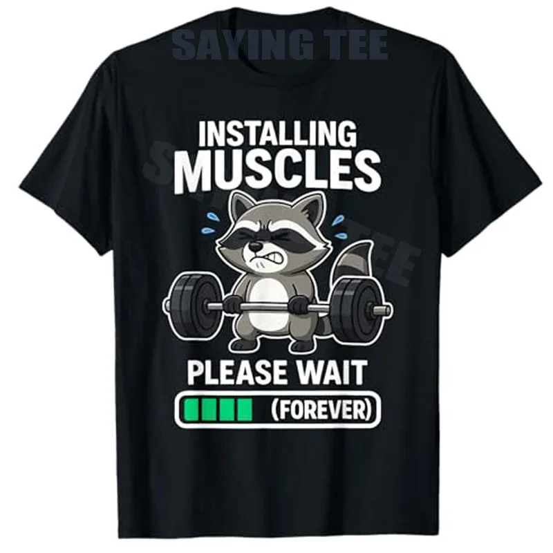 

Funny Raccoon Workout Gym Fitness Weightlifting T-Shirt Y2k Lovely Animal Weightlifting Apparel Installing Muscles Novelty Gifts