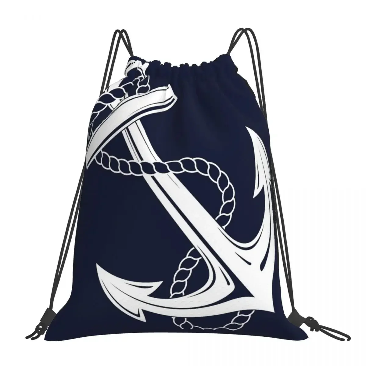 Anchor Nautical White & Navy Backpacks Portable Drawstring Bags Drawstring Bundle Pocket Sundries Bag Book Bag For Travel School