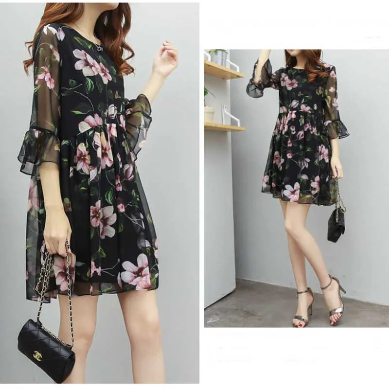 Elegant Printed Spliced Butterfly Sleeve Chiffon Floral Dress Women Clothing Spring Summer New Loose Office Lady Mini Dress