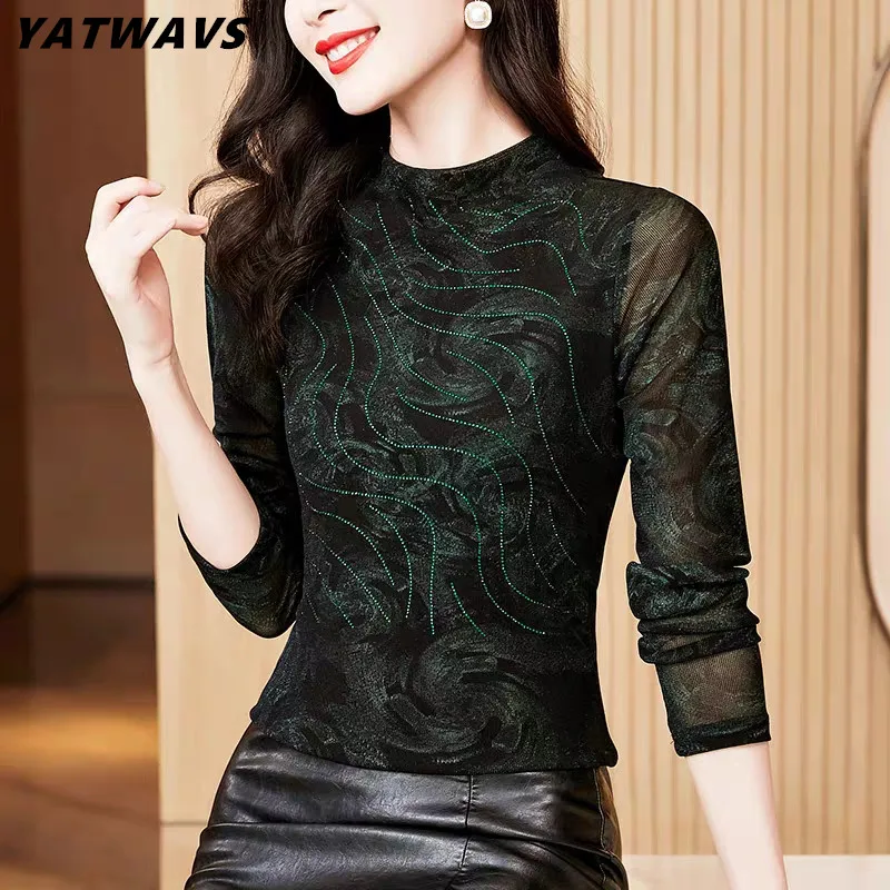 

New Spring Women's Vintage Print T-shirt Fashion Stand Collar Long Sleeve Hot Diamonds Tees Classics Lady Casual Slim Mesh Tops