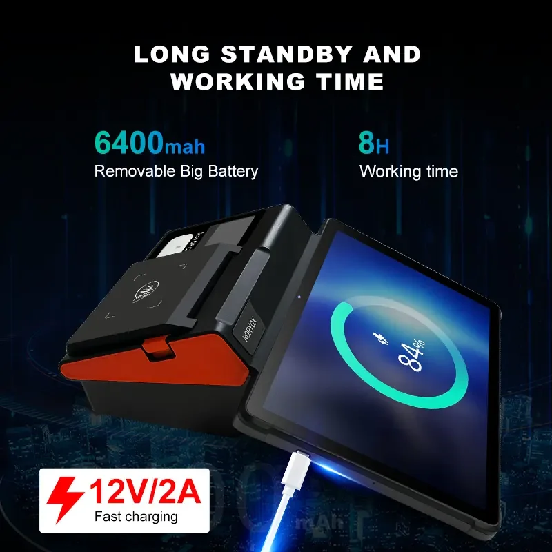 شاشة كبيرة 11 بوصة Android POS مع طابعة 80 مم، اتصال Loyverse Desktop POS 4G WIFI BT، ماسح ضوئي ثنائي الأبعاد للبيع بالتجزئة ماكينة تسجيل المدفوعات النقدية