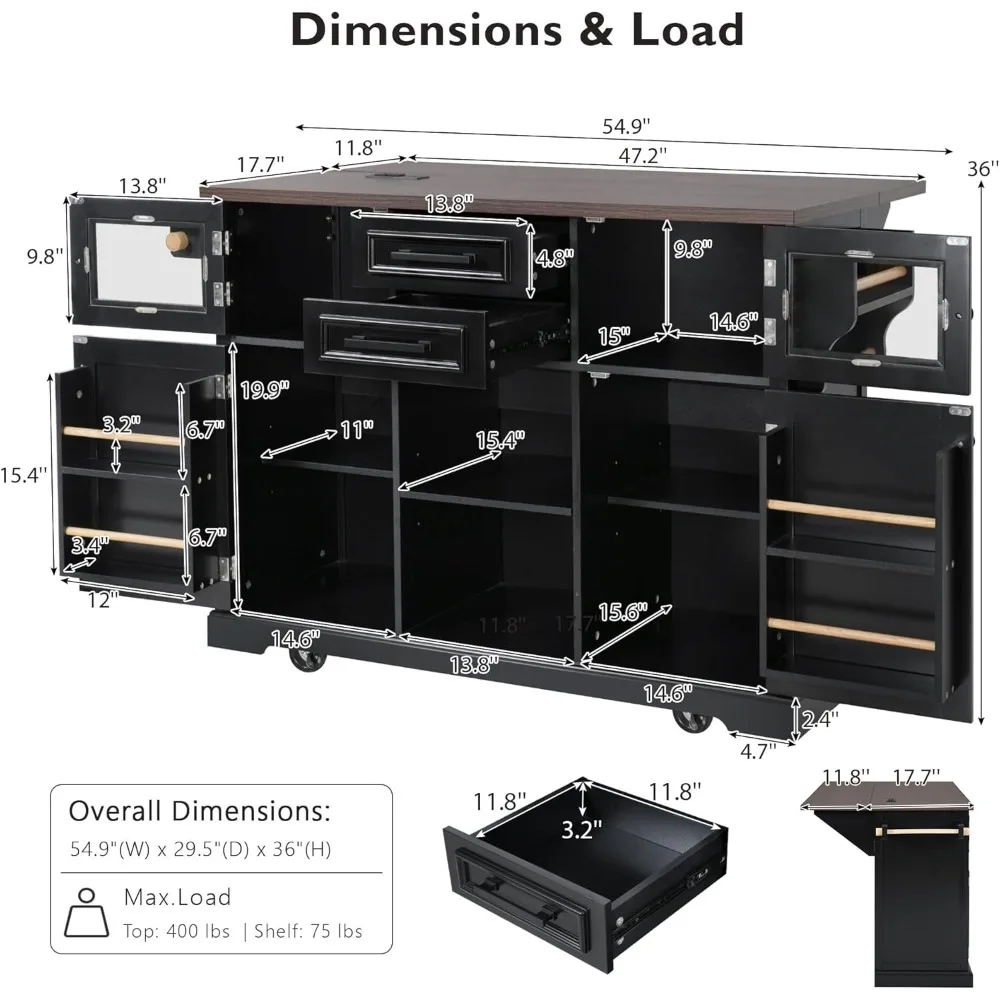 عربة جزيرة المطبخ المتدحرجة مع أوراق متدلية ومخرج طاقة وتخزين باب الحظيرة، بعرض 54.9 #2