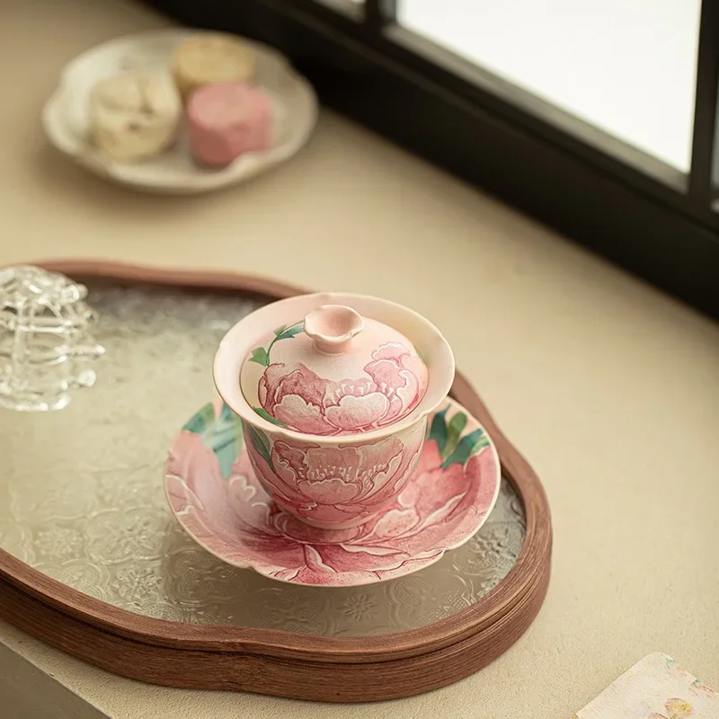 110ML Jingdezhen National Color Rich Peony Cover Bowl Sancai Flower Mouth Cover Bowl Ceramic TeaSet Exquisite Kung Fu Tea Bowl
