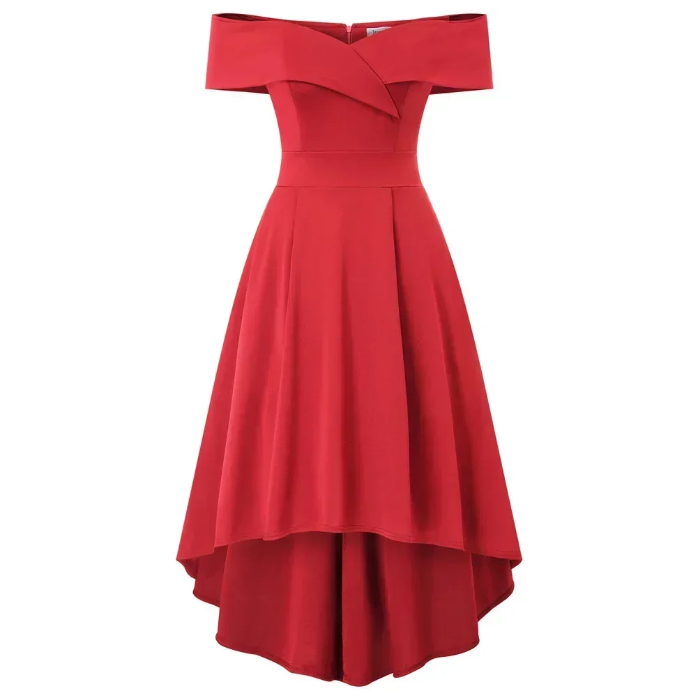 

Party Off-the-shoulder Dress Women Elegant High-Low Hem Folder A-Line Evening Dress Sexy Female Lady Unlined Dress Holiday