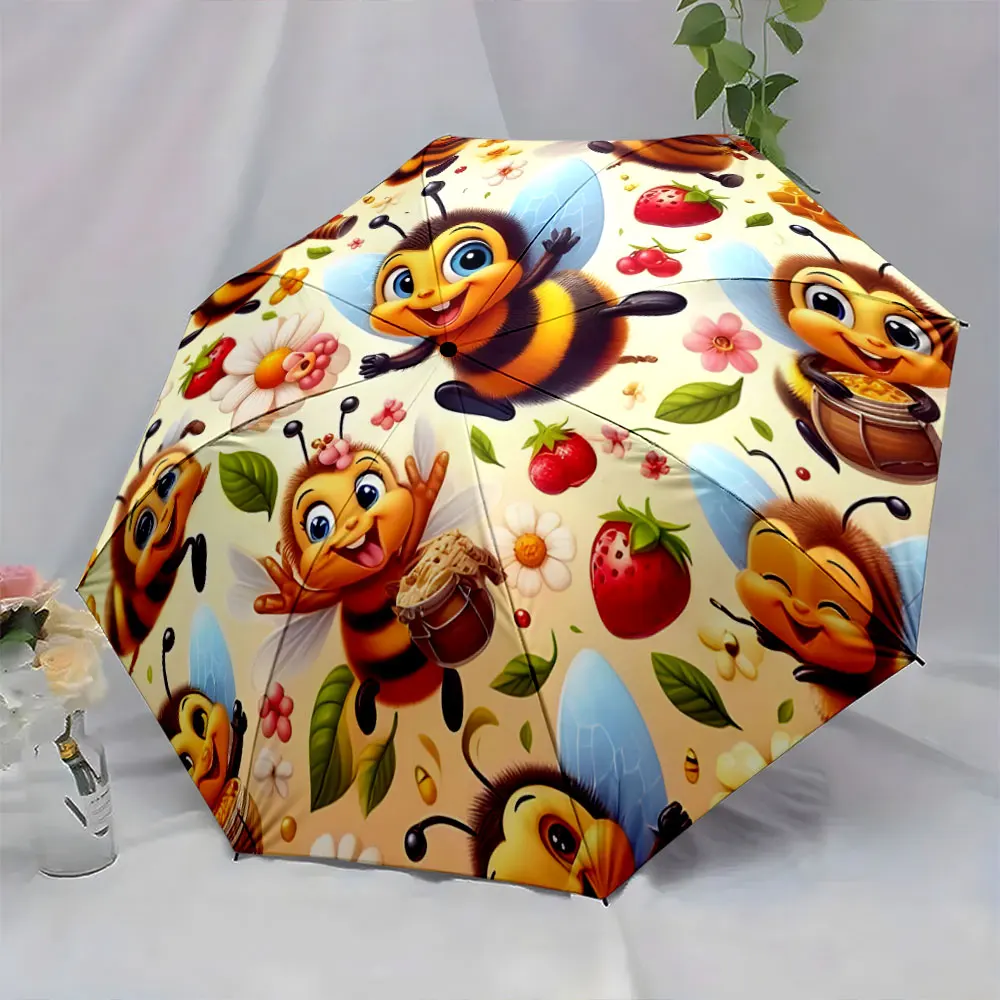 1PC Cheerful Bees and Berries Decorate Colorful Umbrella Design Print 8 Iron Ribs Folding Umbrella Auto-Open Fashion Sunshade