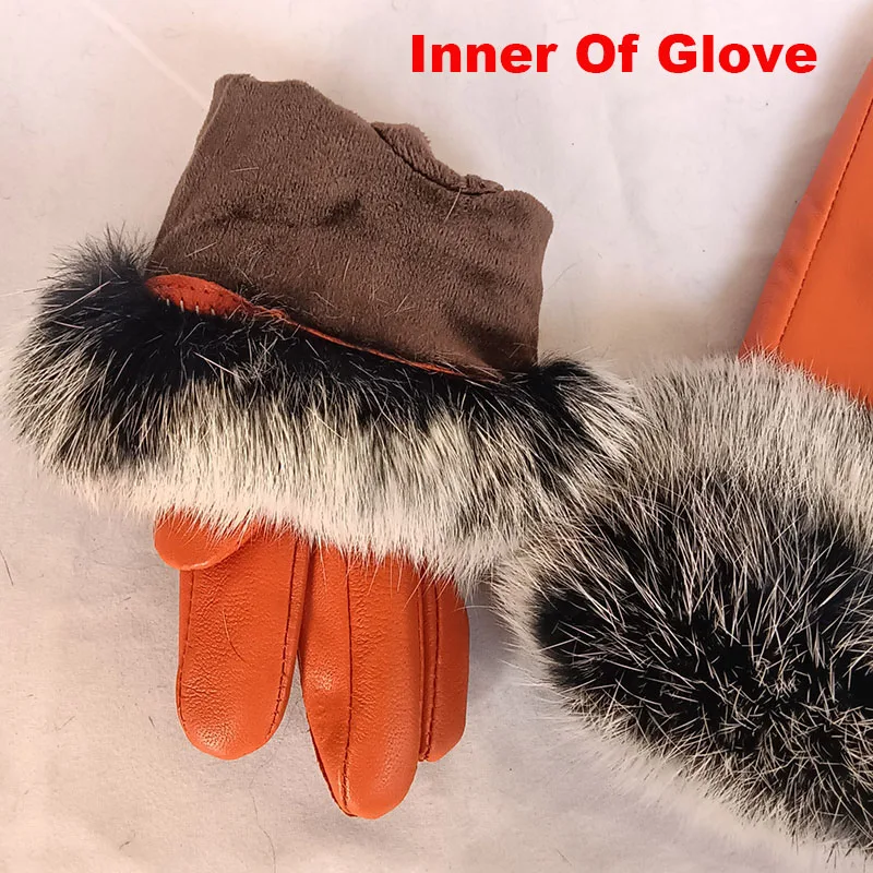 Luxury Winter Warm Genuine Leather Glove With Fluffy Natural Rabbit Fur Cuff Women Thick Multi Color Real Sheepskin Gloves