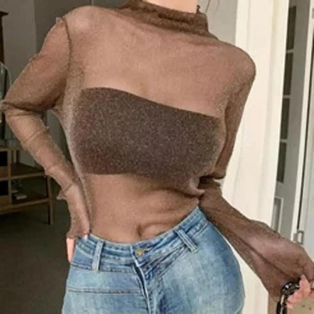 Damen-Spitzenoberteil, elegante Spitze, halbhoher Ausschnitt, langärmliges Oberteil mit Mesh-Garn-Detail, einfarbiges, durchsichtiges Hemd für Damen