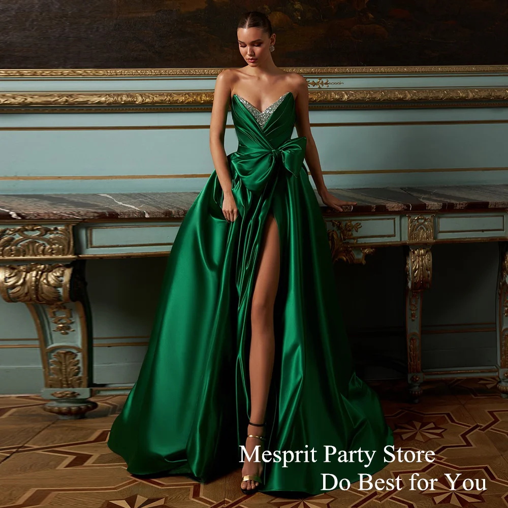 

Green Prom Dress Sexy V Neck Beading Pleat Bow A Line Satin Evening Party Dresses Sweep Train Backless Formal Occasion Gown