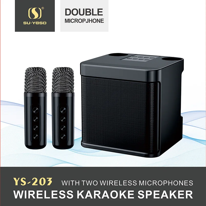 YS-203 Powerful Wireless Portable Dual Microphone Bluetooth Sound Outdoor Family KTV Set Subwoofer Audio with 2 Microphone