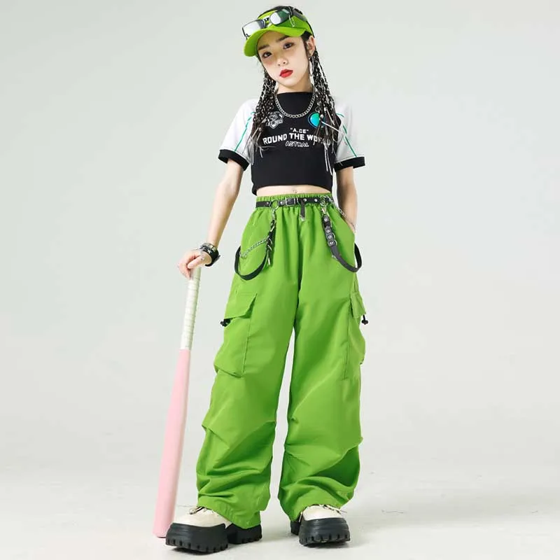 Traje de actuación de baile de Jazz para niñas, ropa de Hip-Hop Kpop, traje de baile callejero para niños, ropa deportiva, pantalones Cargo verdes AMY96