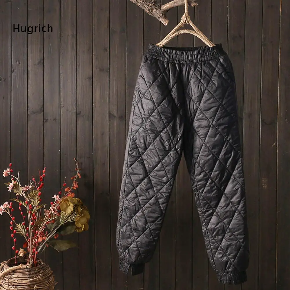 Women Gray Quilted Padded Pants Elastic Waist Cuffed Ankle Loose Fit Winter Warm Casual Trousers Lightweight