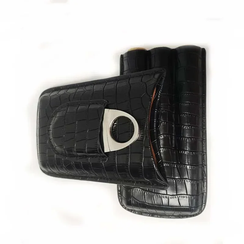 Portable Leather Cigar Case Humidor with Cigar Cutter 3 Tube Outdoor Classic Crocodile Pattern Leather Pouch Box Storage Bag