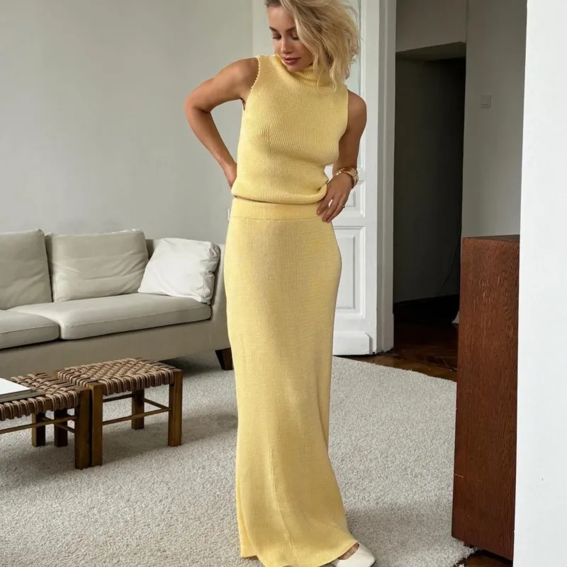 

Spring Autumn Elegant Knitted 2 Piece Sets Turtleneck Sleeveless Vest+Elastic Waist A Skirt Knit Suit Fashion Women Outfit