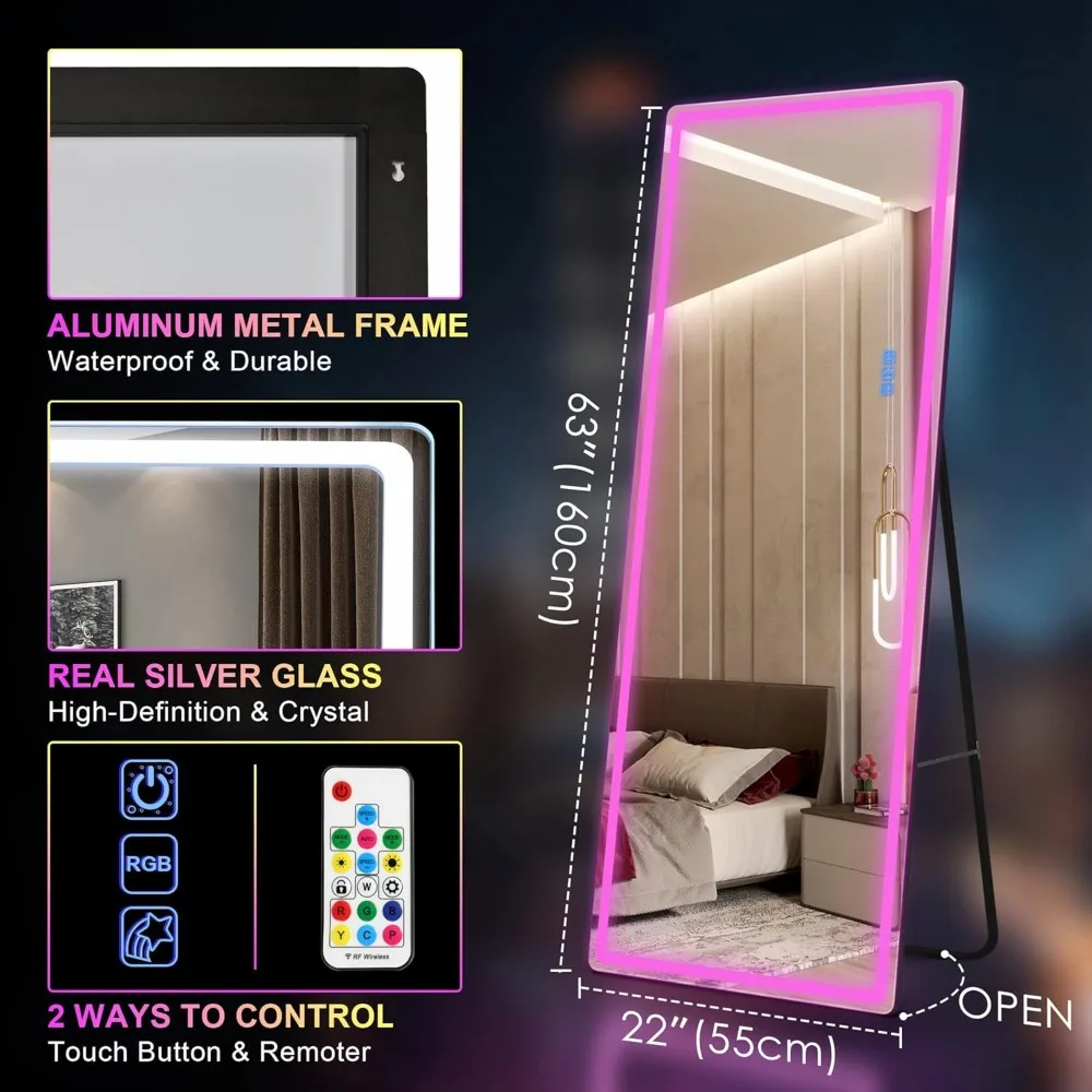 Full Length Floor Mirror with Lights, 63 X 22 Floor Standing Mirrors, RGB LED Mirrors, Light Up Mirror for Bedroom Living Room