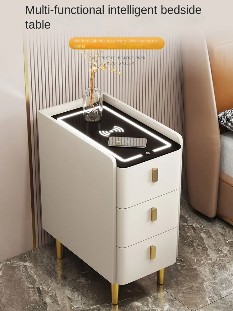 Super Narrow Smart Bedside Table Solid Wood Simple Modern Wireless Charging Side Cabinet Light Small Three-pump 3 Drawers