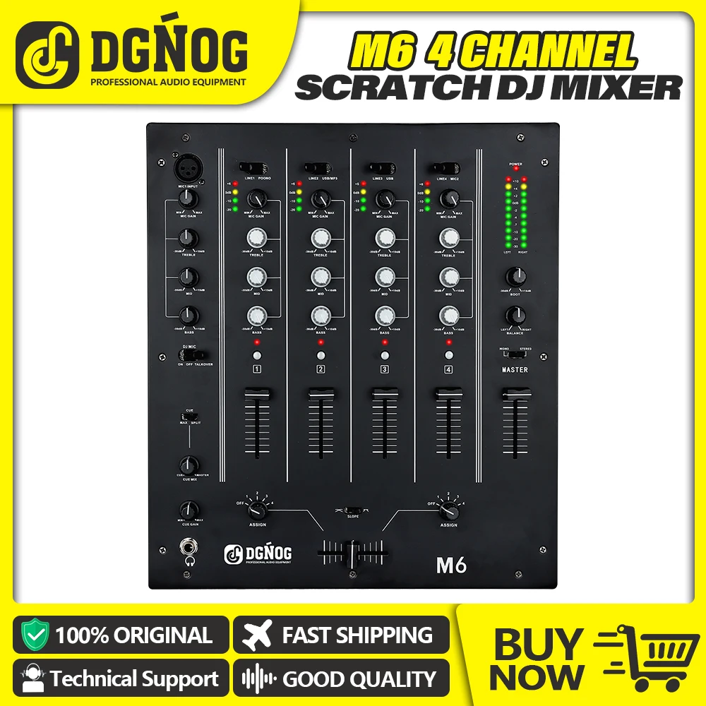 M6 4-Channel DJ Scratch Mixer with Built-In Audio Interface 3-Band EQ Microphone Input and Replaceable Crossfader for Stage DJ