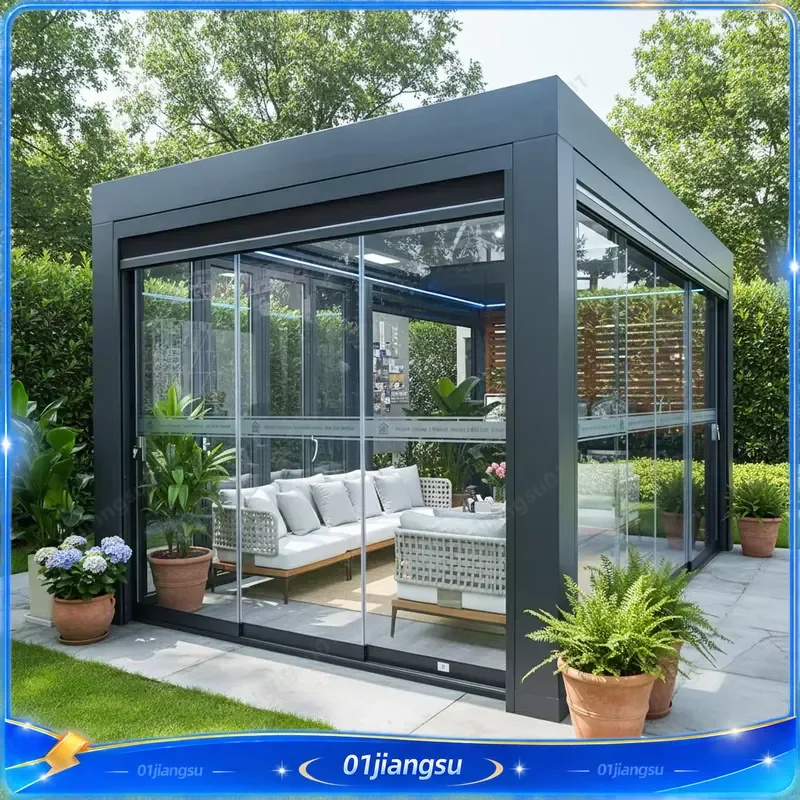 Motorized Aluminum Retractable Pergola with Tempered Glass Roof Waterproof Eco Friendly Modern Design Stable Structure Easy