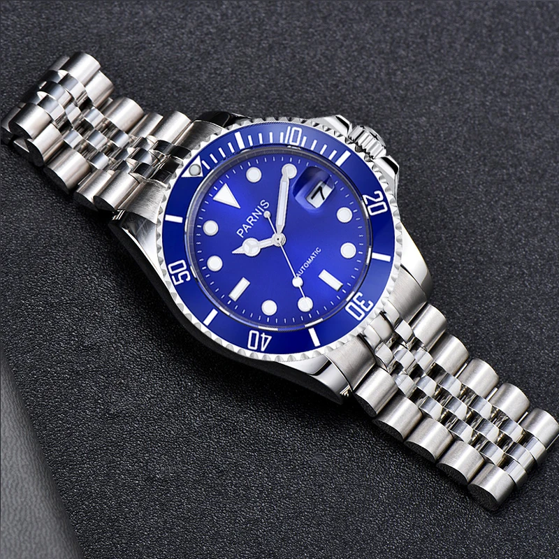 

Fashion Parnis 40mm Blue Dial Automatic Mechanical Men's Watch Sapphire Crystal Miyota 8215 Men Wristwatches reloj hombre 2024