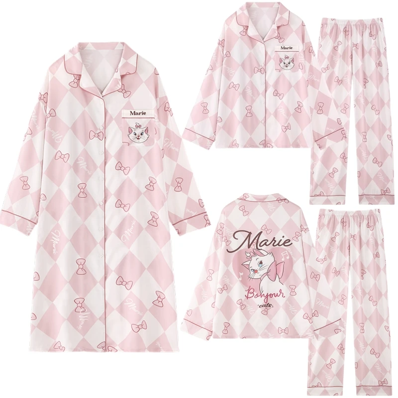 Kawaii Disney Marie Cat Spring Autumn Pure Cotton Pajamas Long Sleeved Night-robe Cartoon Printing Girls Nightgown Home Clothing