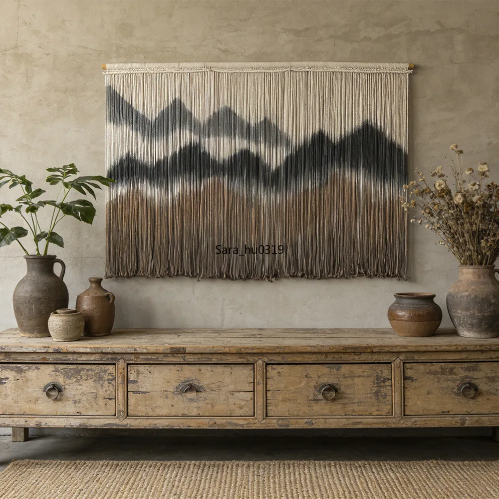Boho Tassel Wall Hanging Handmade Dyed Cotton Rope Tapestry Vintage Landscape Art for Room Background Wall Decor