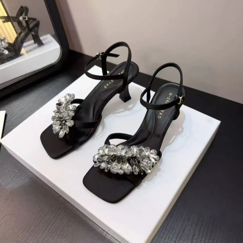 

Crystal Women Sandals New Luxury High Heels Shoes Square Toe Summer Slippers 2026 Sexy Brand Woman Slingback Pumps