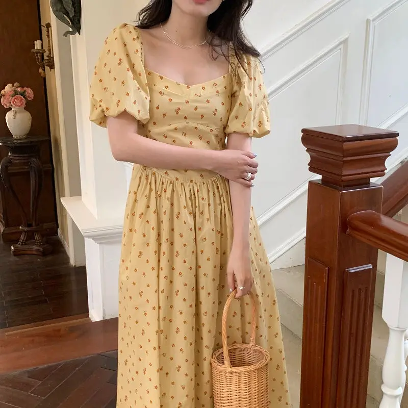 Gaganight Women French Style Elegant Vacation Square Neck Wrapped Waist Dress 2024 Summer Fragmented Flower Puff Sleeve Dress