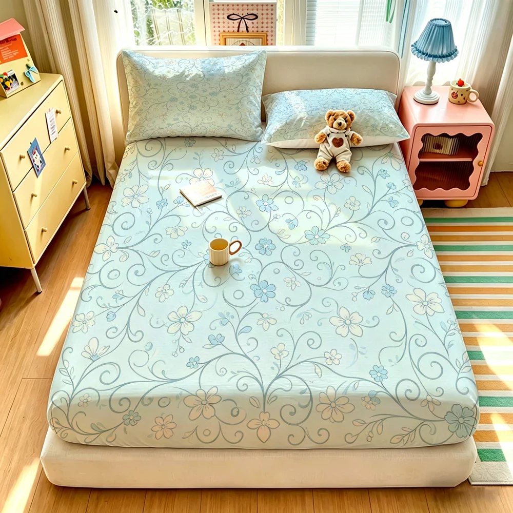3PCS Light Blue White Curly Floral Pattern Bedding Set Soft Coreless Duvet Cover With Two Pillowcases For Bedroom Festival Ho