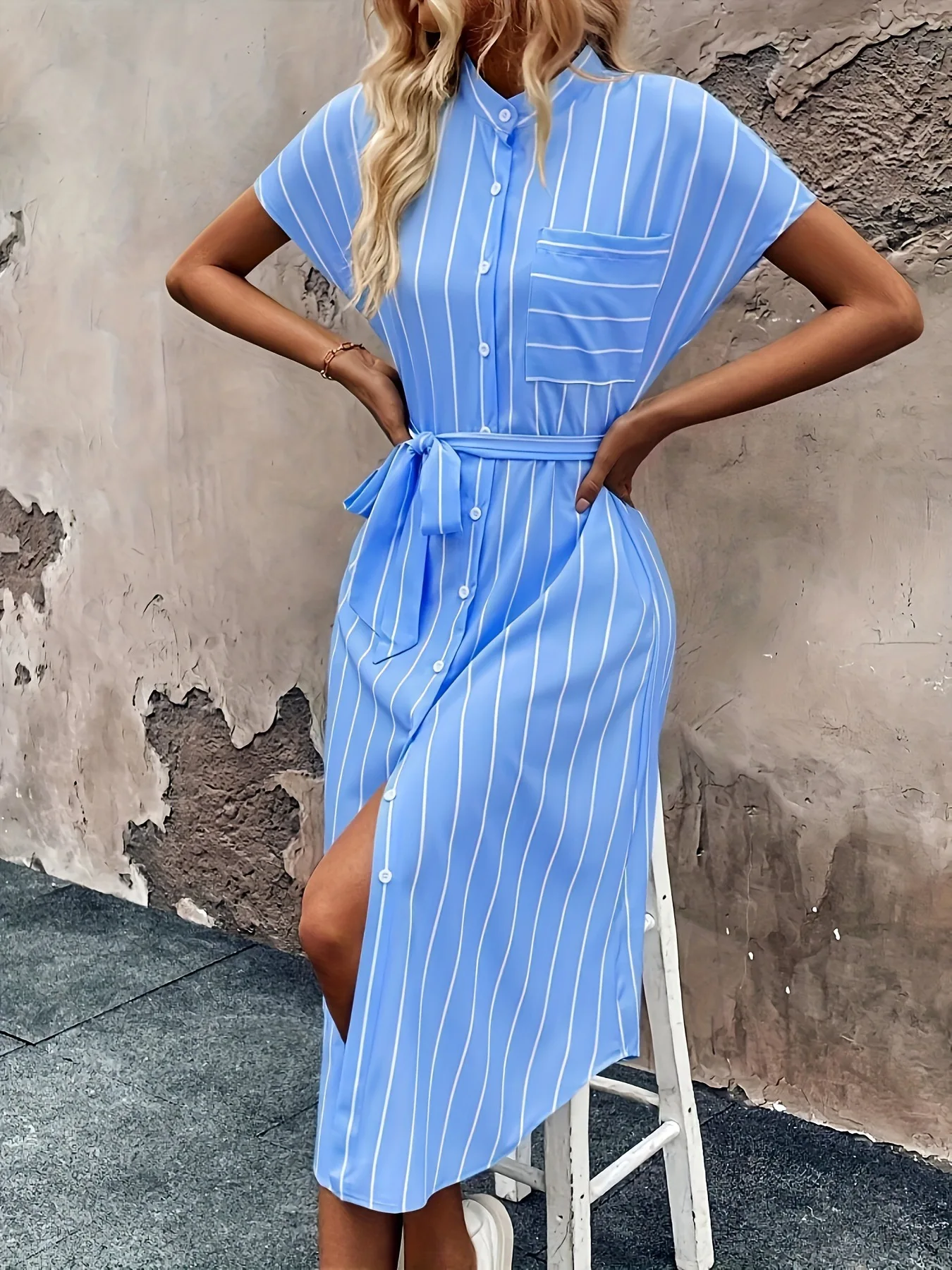 레트로 스트라이프 프린트 반팔 셔츠 오버 니 루즈 드레스 여성 여름 패션 싱글 브레스티드 롱 셔츠 드레스