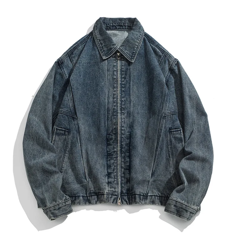 

Retro Japanese Streetwear Waed Denim Jaet ex Loose Casual Workwear Coat Fem Sle Long Sve Collar Stand Thic...