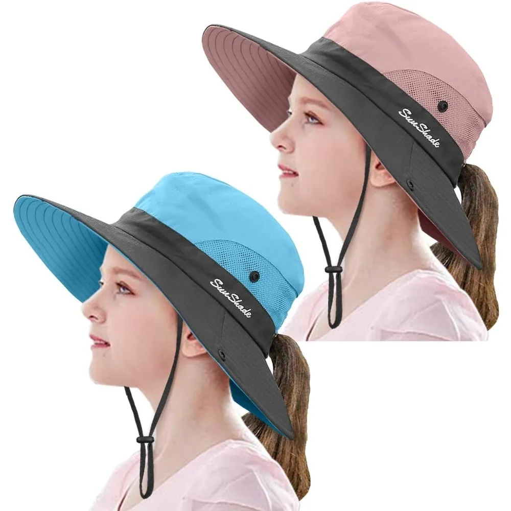 

2 Pieces 5-14Y Kids Summer Sun Hat Wide Brim UV Protection for Girls Ponytail Beach Bucket Cap