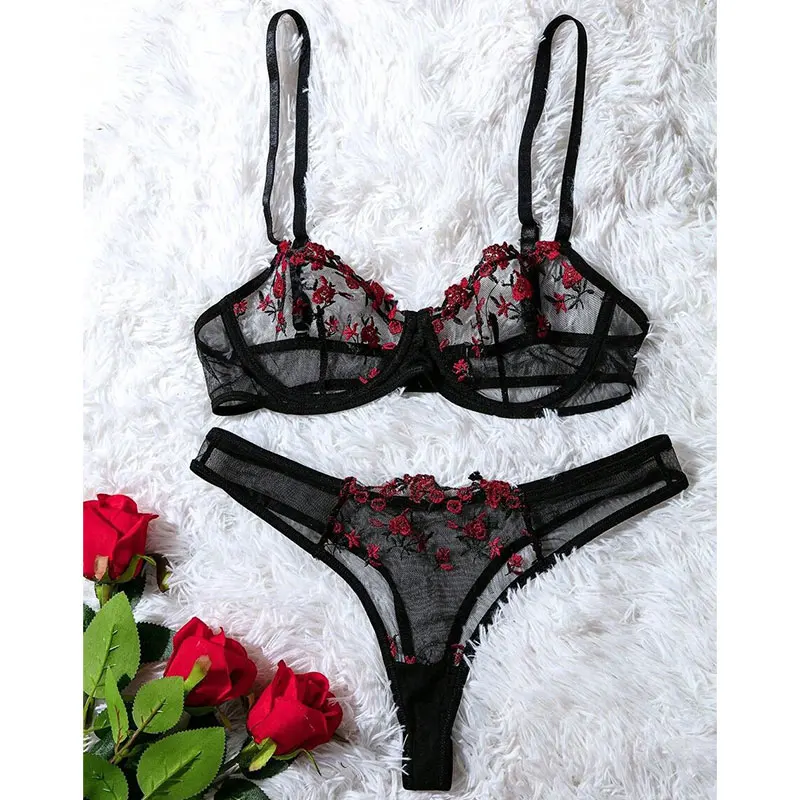 Woman 2 Pieces Black Daily Lingerie Sexy Floral Embroidery Underwear Transparent Lace Short Skin Care Kits Delicate Fairy Set