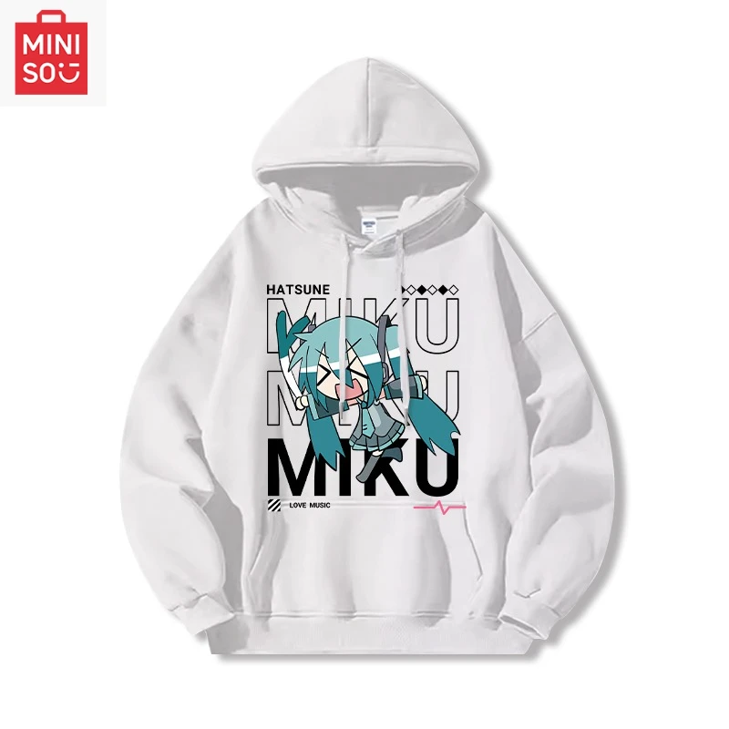 

MINISO коллаборационная толстовка с принтом Hatsune Miku и капюшоном, свободная мультяшная, многофункциональная, повседневная и милая для девочек и мальчиков