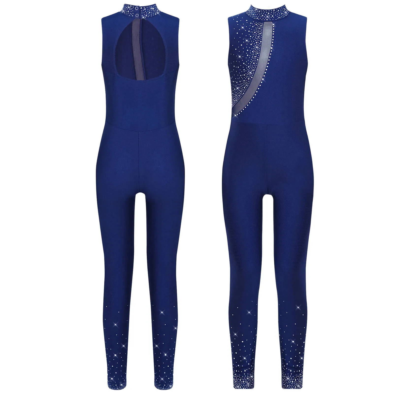 Kids Girl Sleeveless Figure Skating Full Bodysuit Jumpsuit Ballet Dance Gymnastics Leotard Tank Rhinestones Tank Unitard Costume